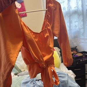 Vibrant Orange Tie-Front Blouse